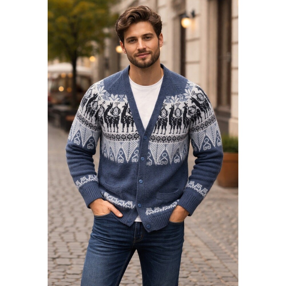 Vintage Sebsatex Alpaca Wool Llama Intarsia Knit Cardigan Sweater Blue Men XL
